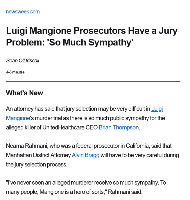 A screenshot of a Newsweek article titled 'Luigi Mangione Prosecutors Have a Jury Problem: 'So Much Sympathy'' by Sean…