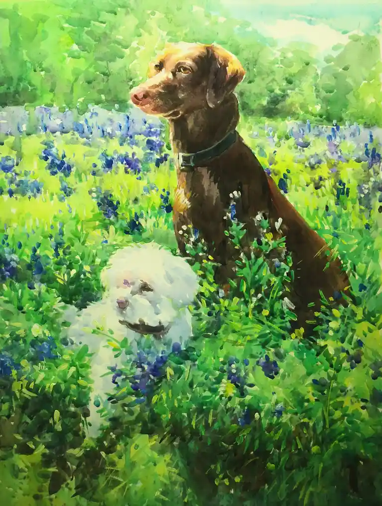 A watercolor painting depicts two dogs in a field of green grass and bluebonnets: a brown dog sitting upright and a white…