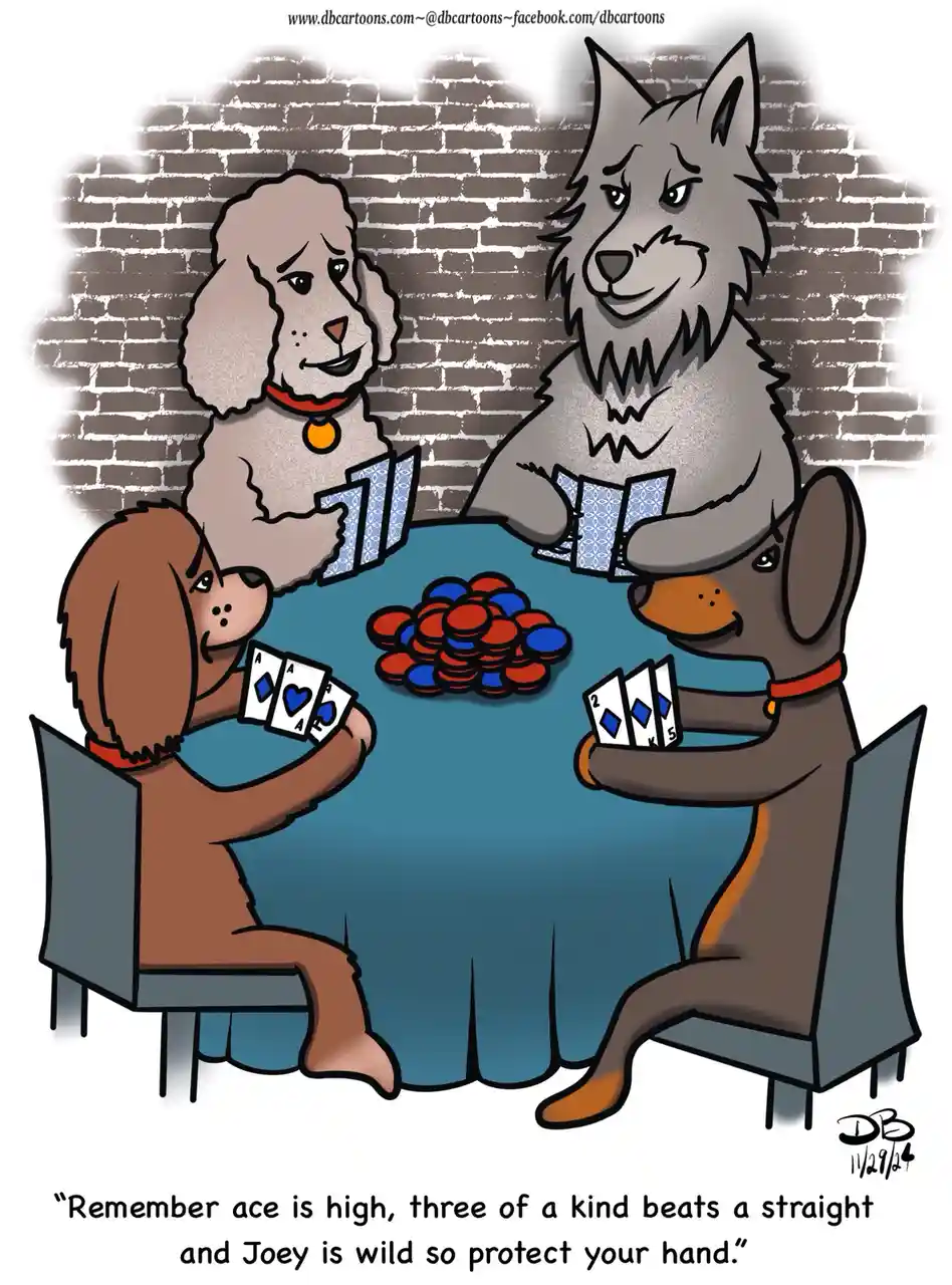 Four anthropomorphic dogs sit around a poker table with cards and chips, one holding three aces, another holding a 2, 4, and…