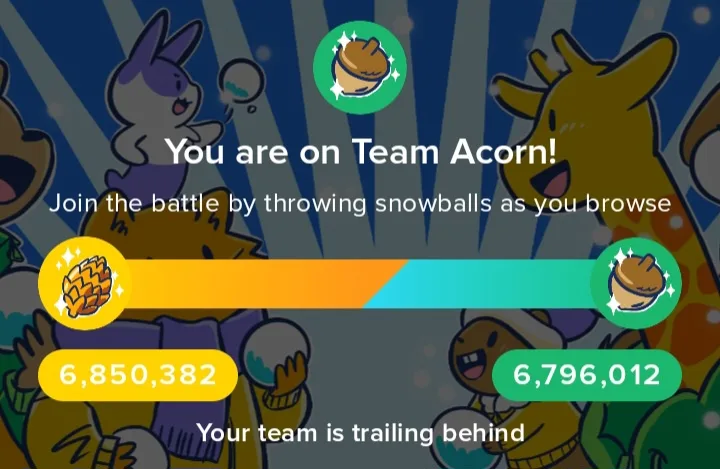 A game interface shows a scoreboard with two teams, 'Team Acorn' (yellow) and an unnamed team (green), competing by throwing…