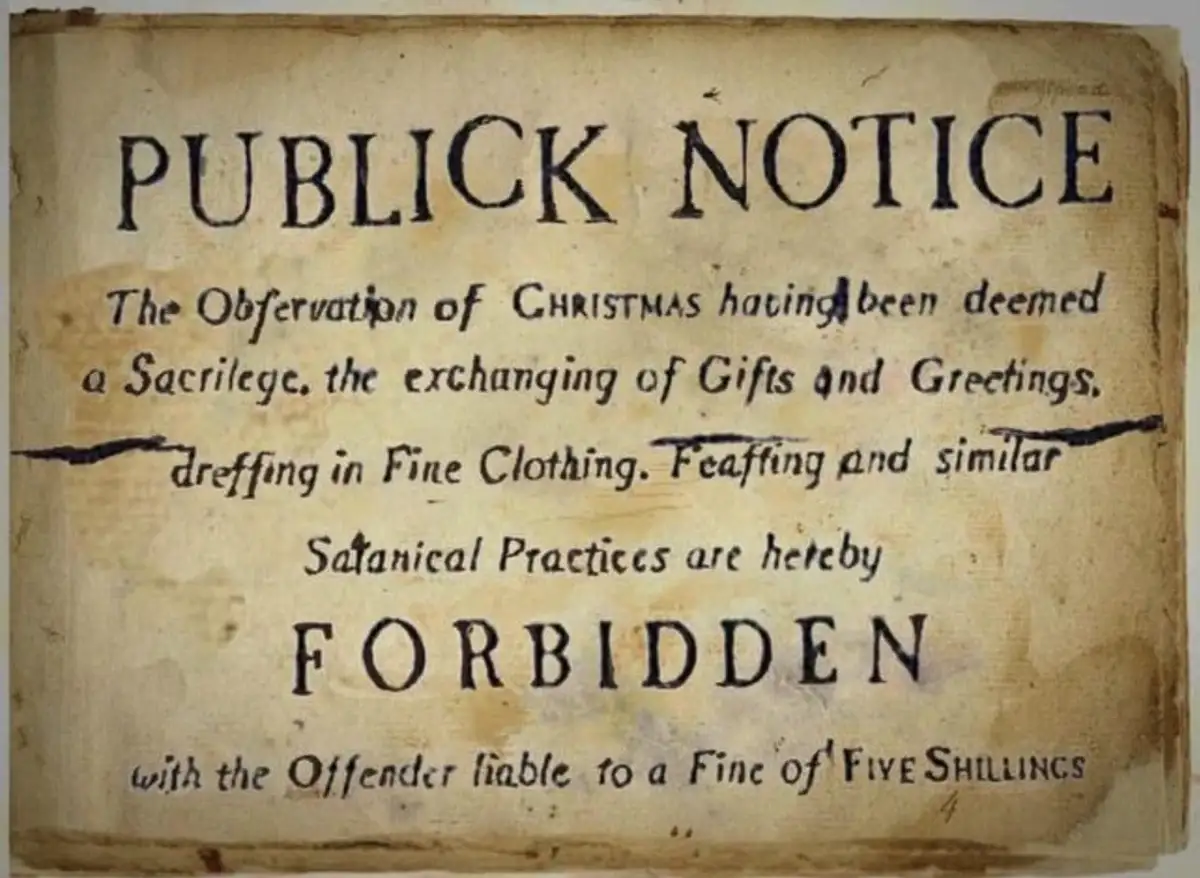 An aged, yellowed public notice with black ink text declares Christmas observance as sacrilegious and forbids gift-giving…