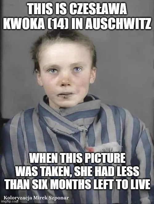 A young girl, identified as Czesława Kwoka (14), is shown in a grayscale photograph wearing a striped prisoner uniform…