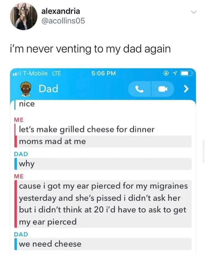 A screenshot of a text message conversation between a user and their dad, where the user vents about getting their ear…