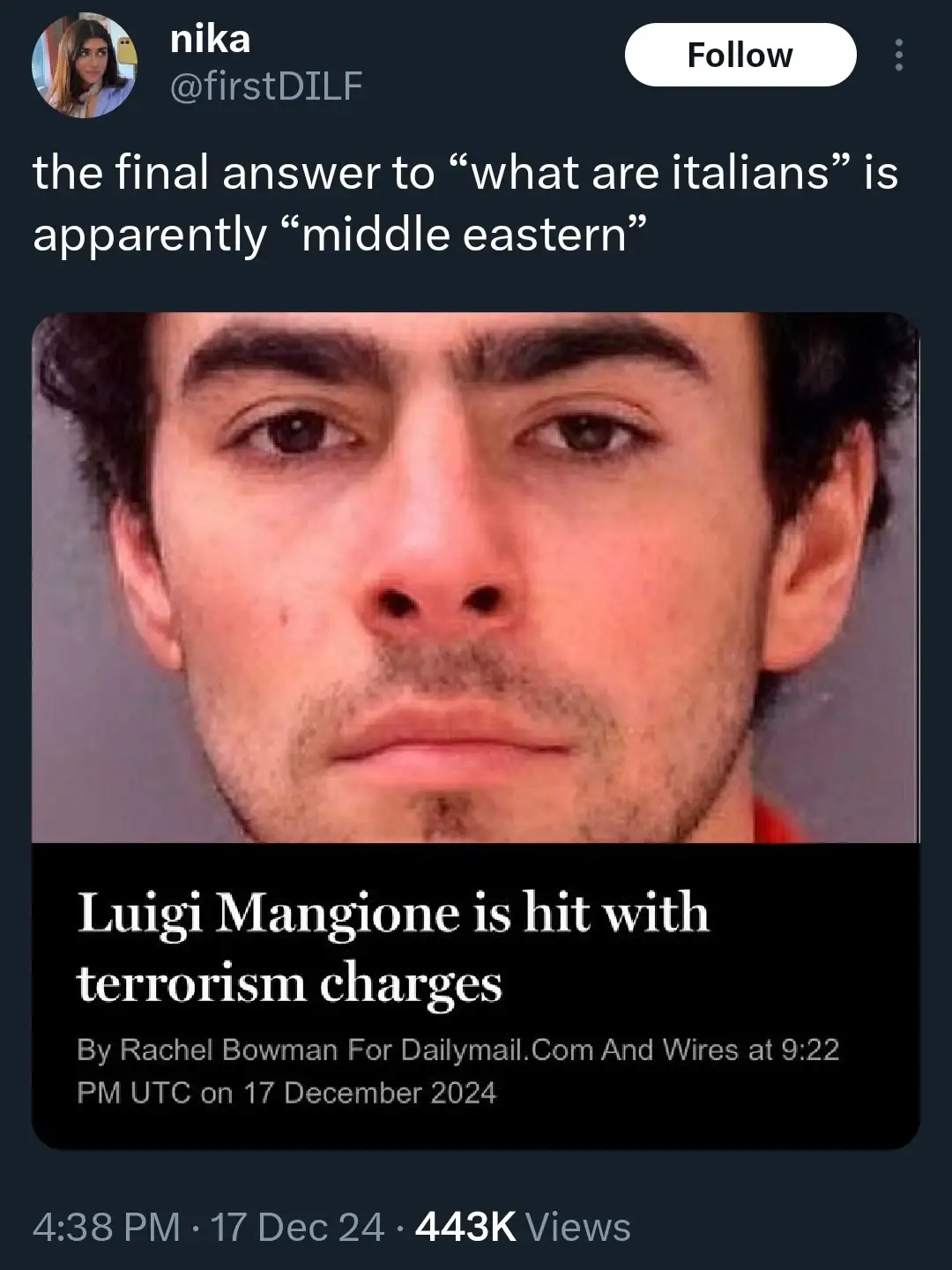 A screenshot of a social media post featuring a mugshot of Luigi Mangione overlaid with a news headline reading 'Luigi…
