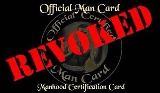 A black background features a circular seal labeled 'Official Man Card' and 'Manhood Certification Card' with a red…