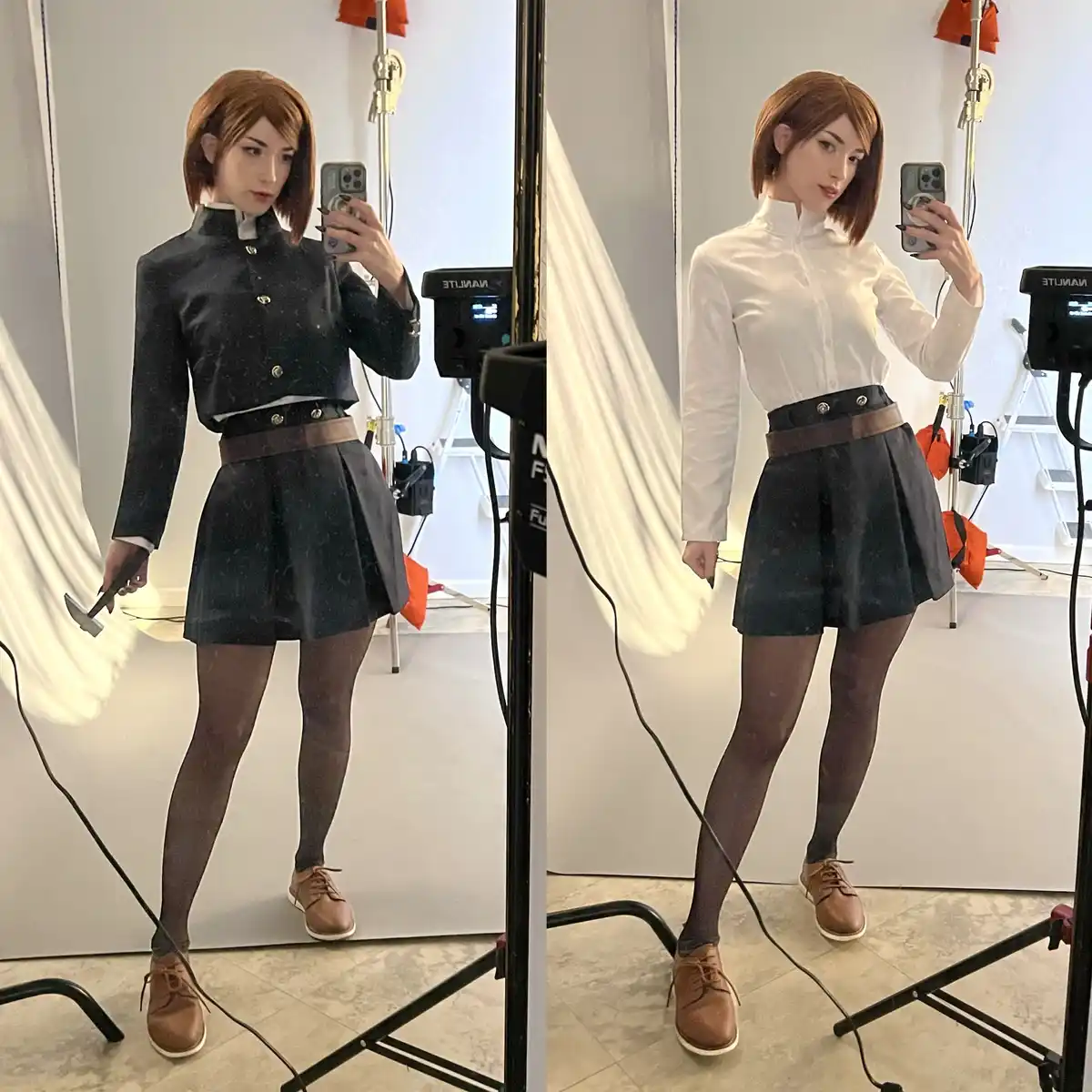 A split-screen image shows a cosplayer in a school uniform holding a hammer in the left panel, and the same cosplayer…