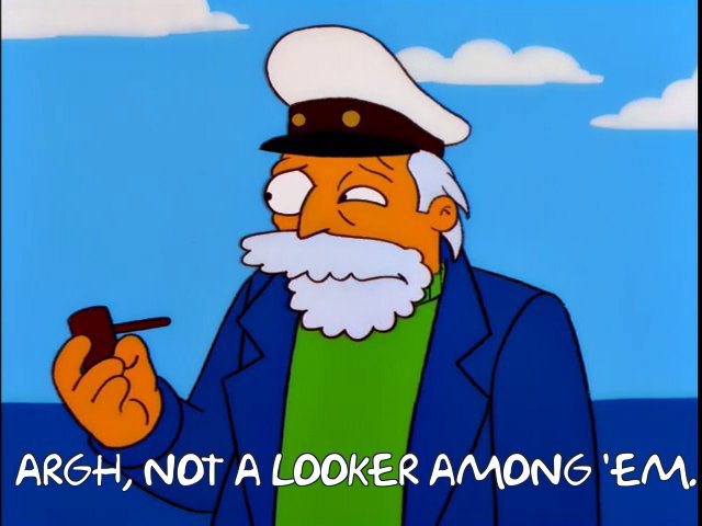 A cartoon sailor with a white beard, captain's hat, and pipe looks disdainfully to the side. White text at the bottom reads…