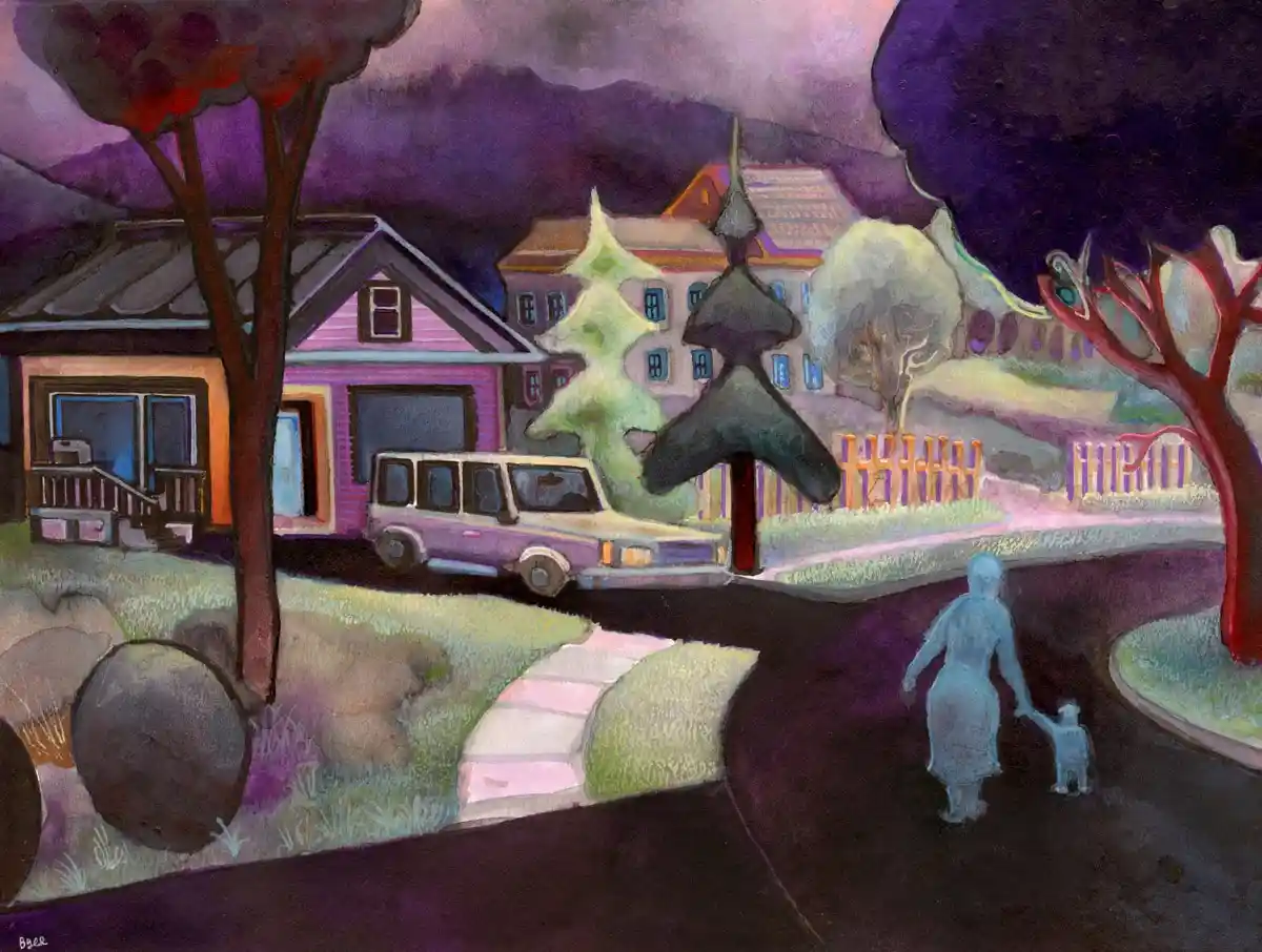 A surreal, painterly suburban scene with purple-hued houses, trees, and a vintage purple station wagon parked on a driveway…