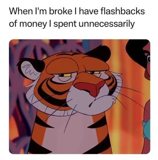 An animated tiger with a tired, regretful expression looks off to the side, overlaid with the text 'When I'm broke I have…