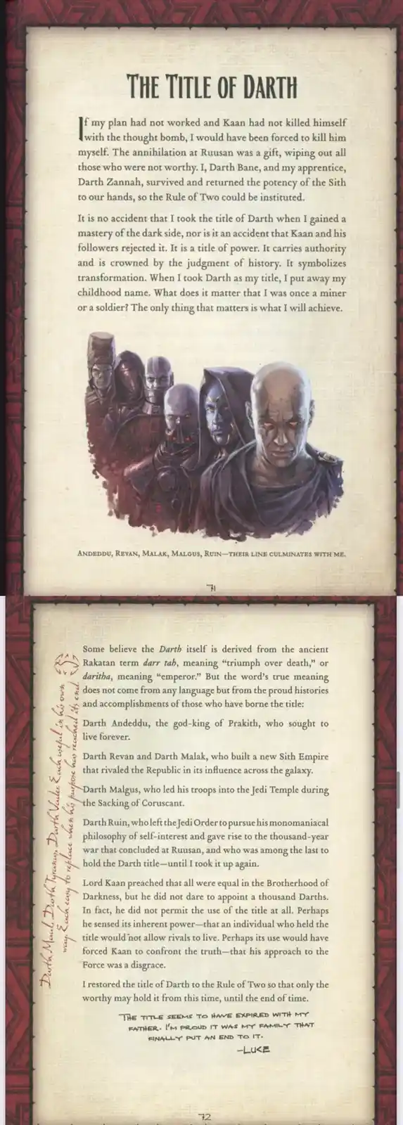 The image displays two pages from a Star Wars book titled 'The Title of Darth,' detailing the history of Sith Lords. The top…