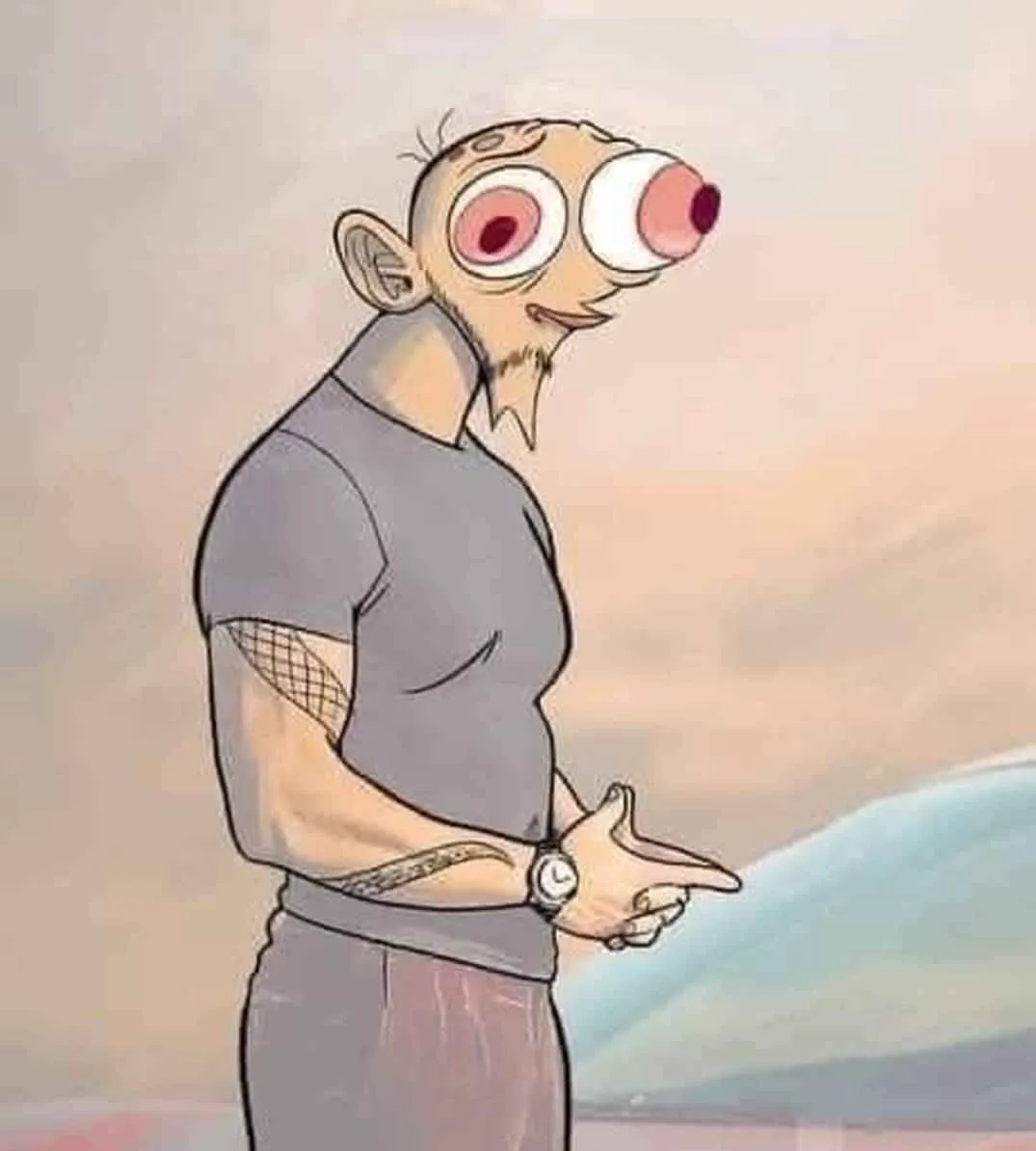 A cartoon man with large, bulging eyes and a surprised expression stands in profile, pointing with his right hand while…
