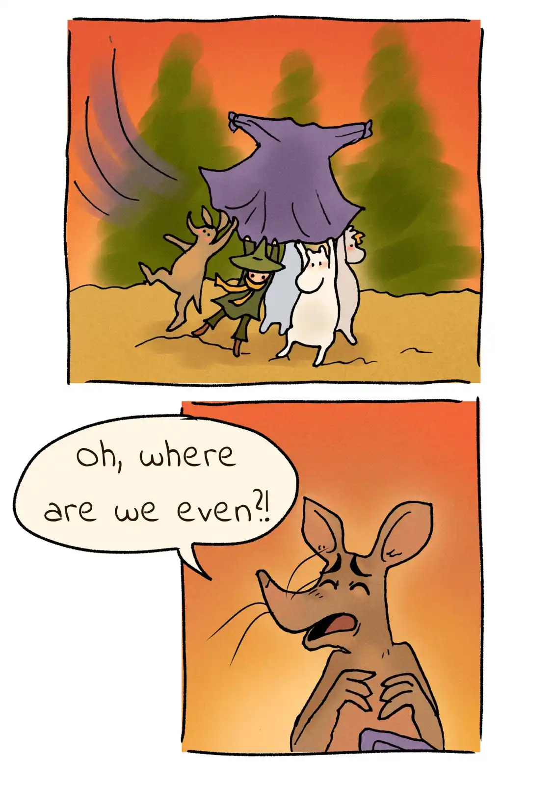 Two panels show cartoon characters struggling to carry a large purple blanket through a forest at sunset. The top panel…