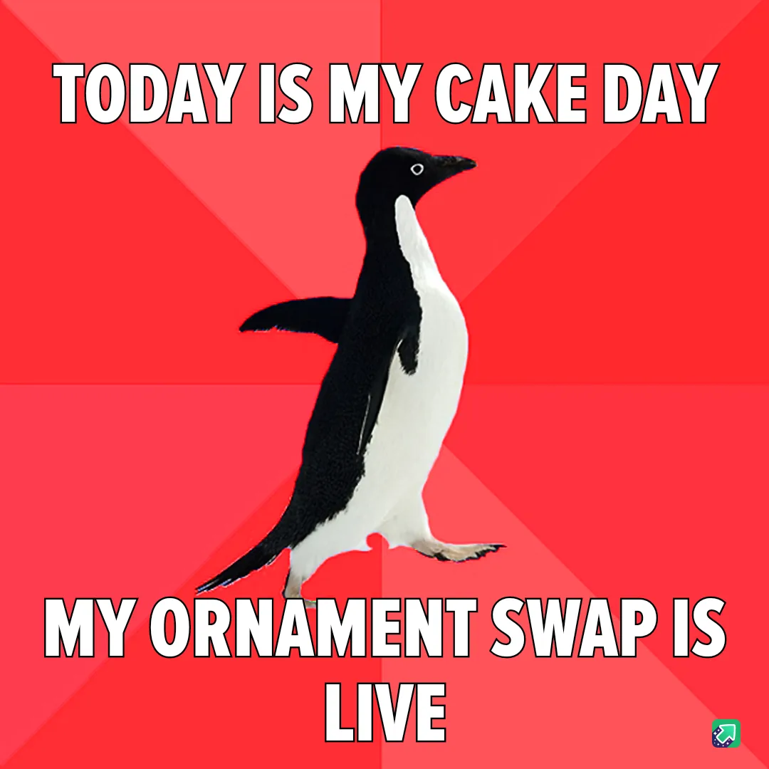 A black-and-white penguin stands against a red background with diagonal stripes. The text at the top reads 'TODAY IS MY CAKE…