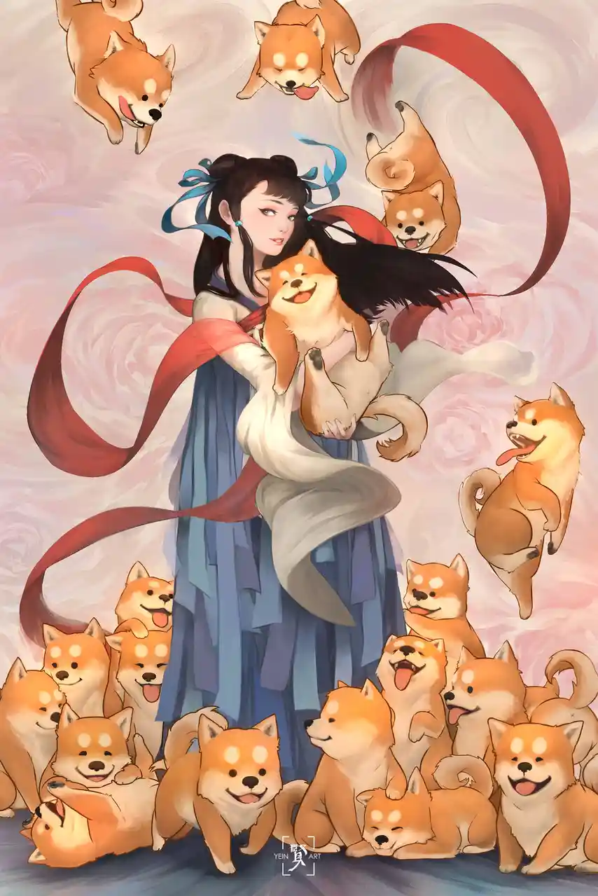 An anime-style illustration shows a woman in traditional blue robes holding a smiling Shiba Inu dog, surrounded by many more…