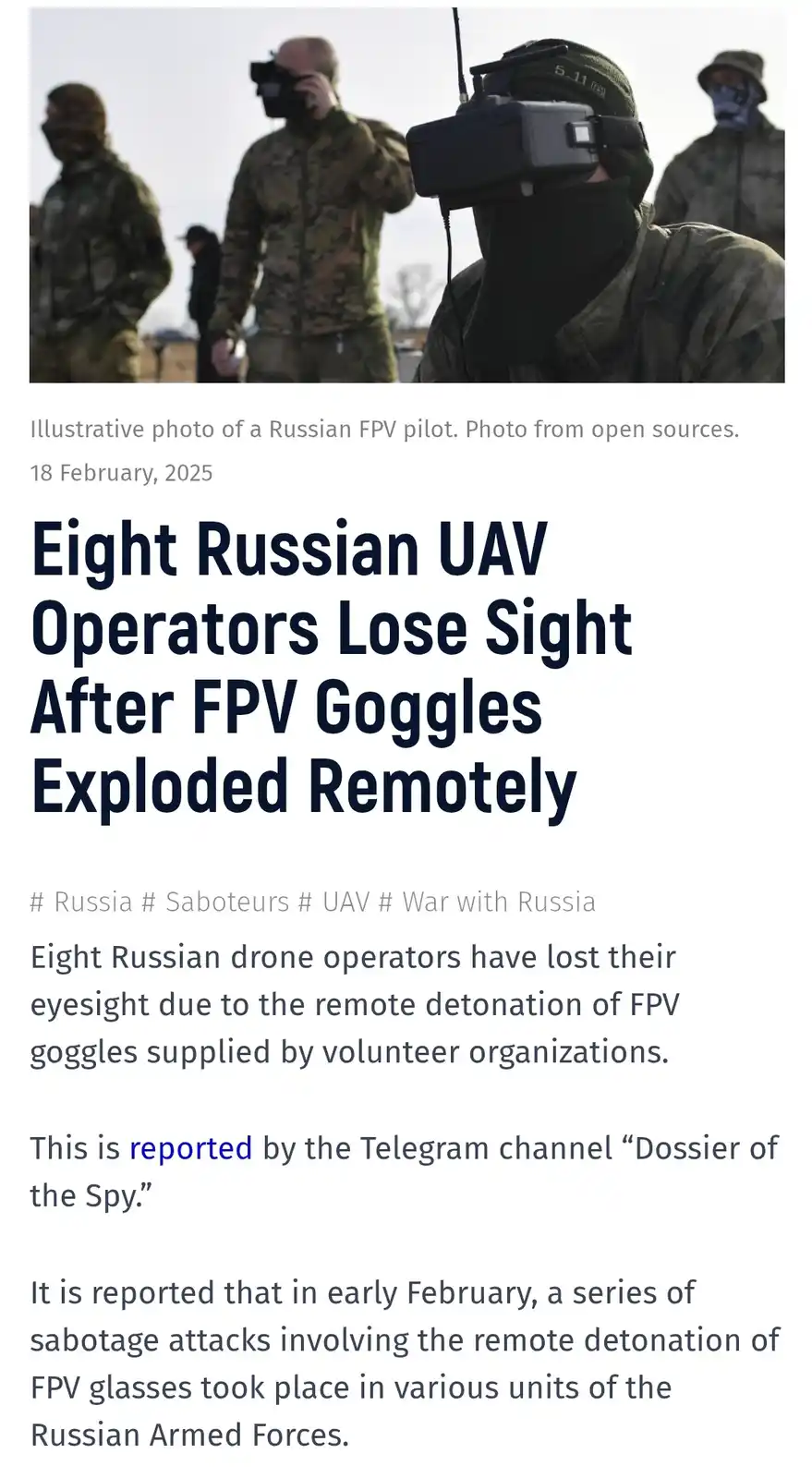 The image shows several soldiers in camouflage gear, one prominently wearing FPV (First Person View) goggles on his head…