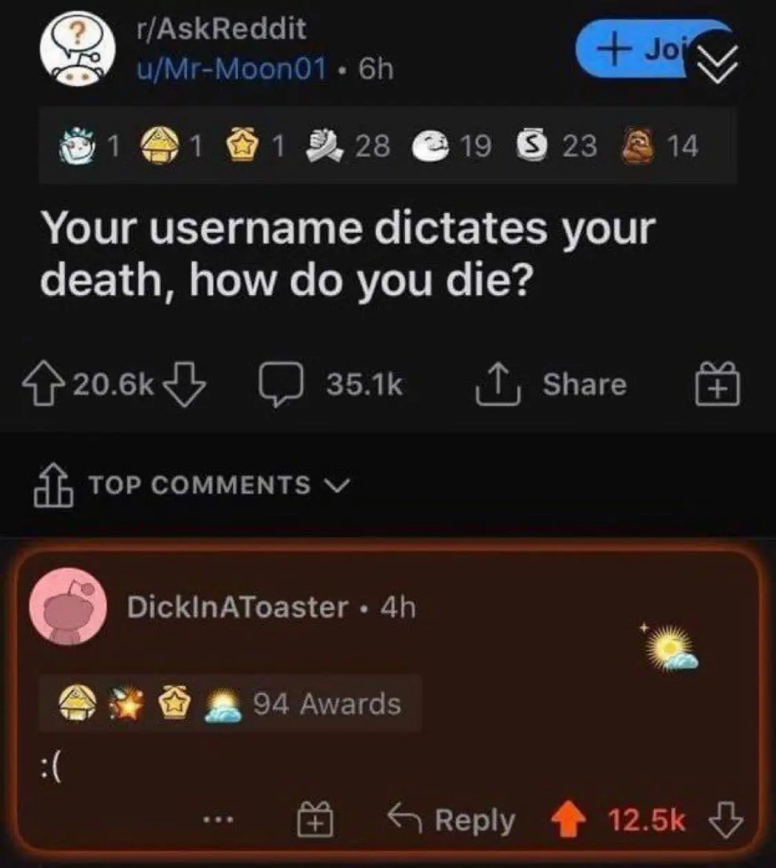 A screenshot of a Reddit post from r/AskReddit asking 'Your username dictates your death, how do you die?' with a top…
