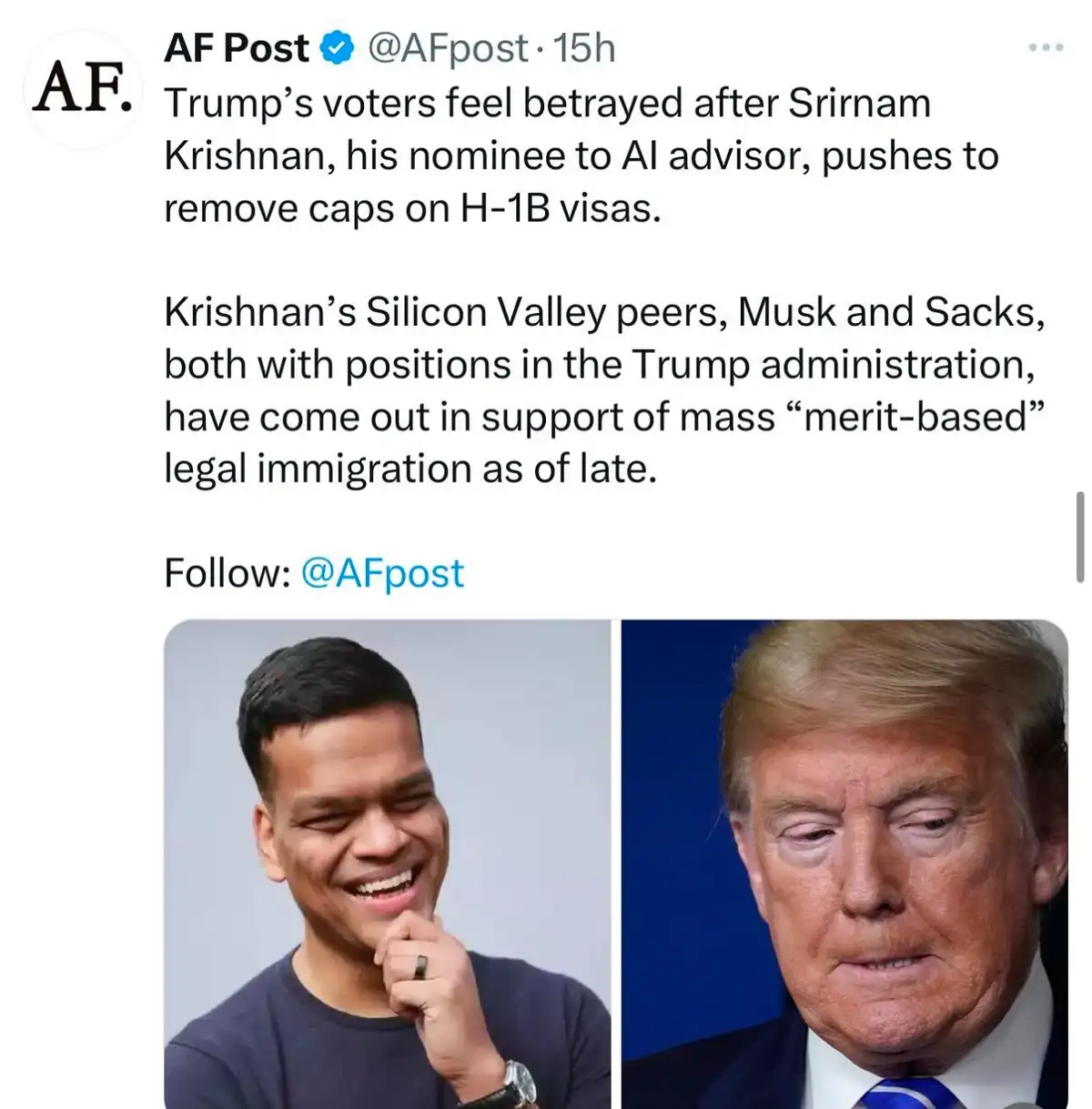 A split-screen image shows Srirnam Krishnan smiling on the left and Donald Trump looking disappointed on the right, overlaid…
