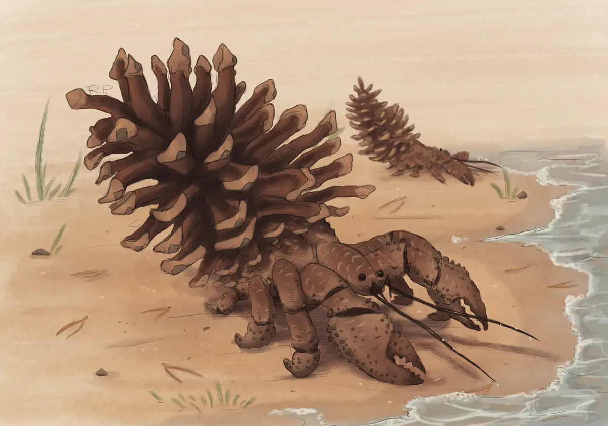 A digitally illustrated lobster on a sandy beach has a large pinecone fused to its back, with another smaller pinecone…