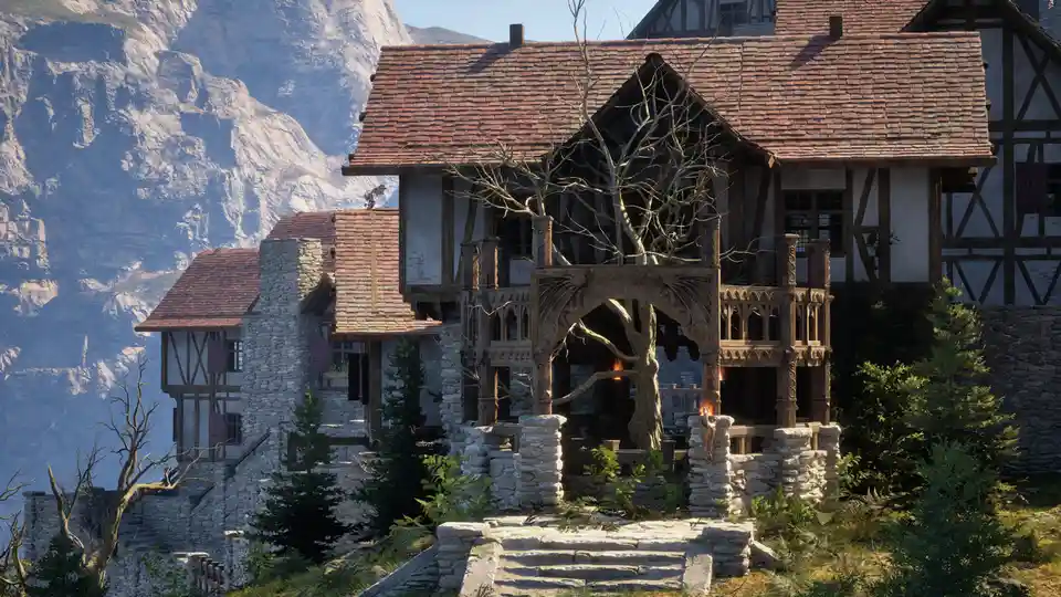 A screenshot of a medieval-style house with timber framing, stone walls, and a tiled roof, set against a backdrop of…