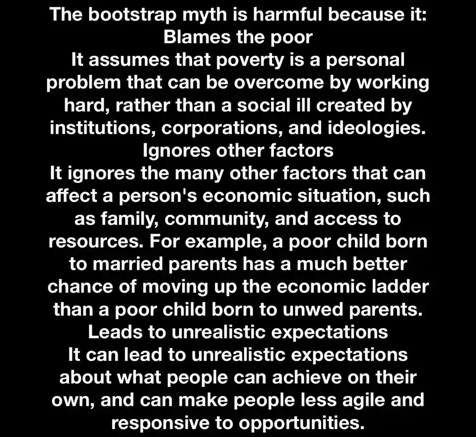A black background with white text listing reasons why the 'bootstrap myth' is harmful, including blaming the poor, ignoring…
