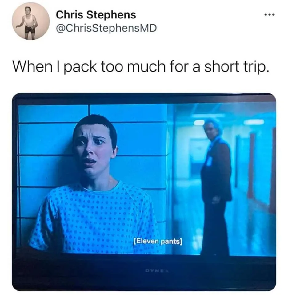A screenshot of a tweet by Chris Stephens showing a scene from 'Stranger Things' where Eleven, in a hospital gown, looks…