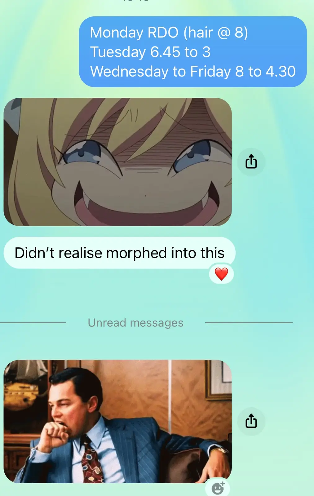 A screenshot of a text conversation shows a work schedule with early starts and long hours, followed by an anime character…