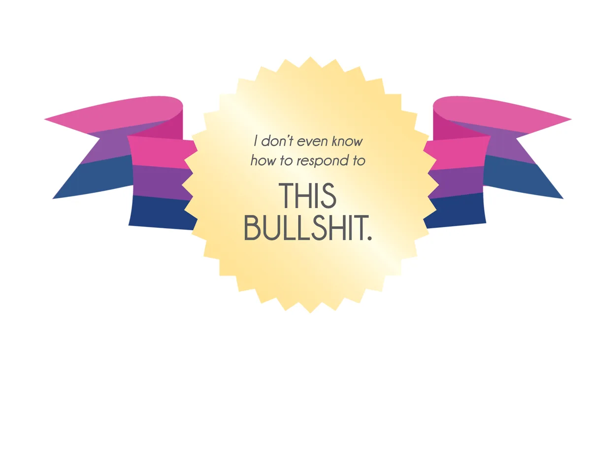 A yellow, starburst-shaped award badge with two bisexual pride ribbons on either side. The text on the badge reads 'I don't…