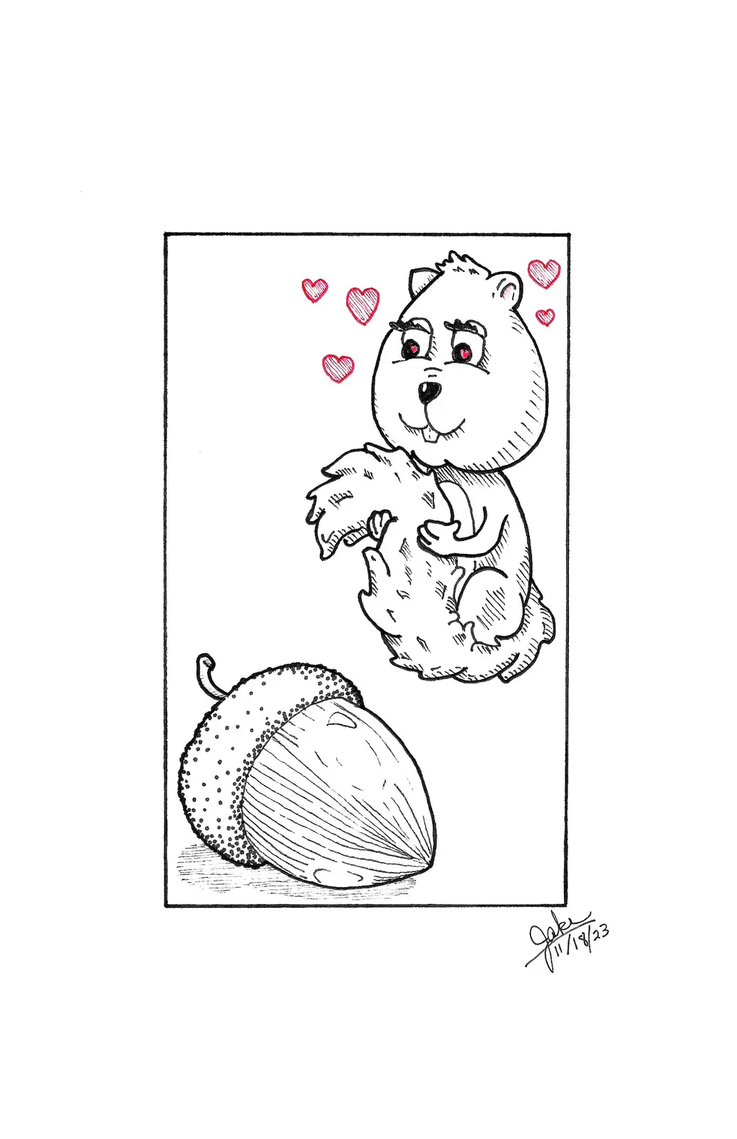 A hand-drawn cartoon shows a fluffy, anthropomorphic rodent with heart-shaped eyes and floating red hearts around its head…