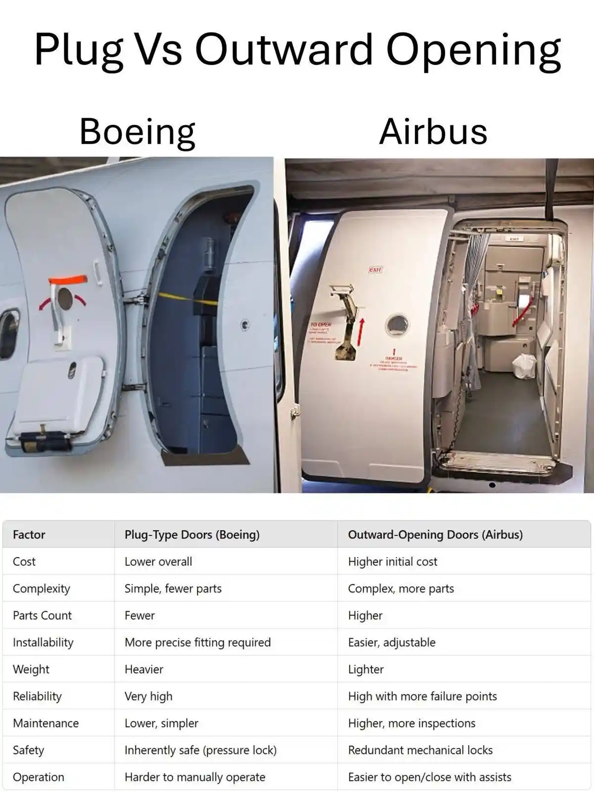 The image displays a side-by-side comparison of Boeing and Airbus aircraft door designs, labeled 'Plug-Type Doors (Boeing)'…