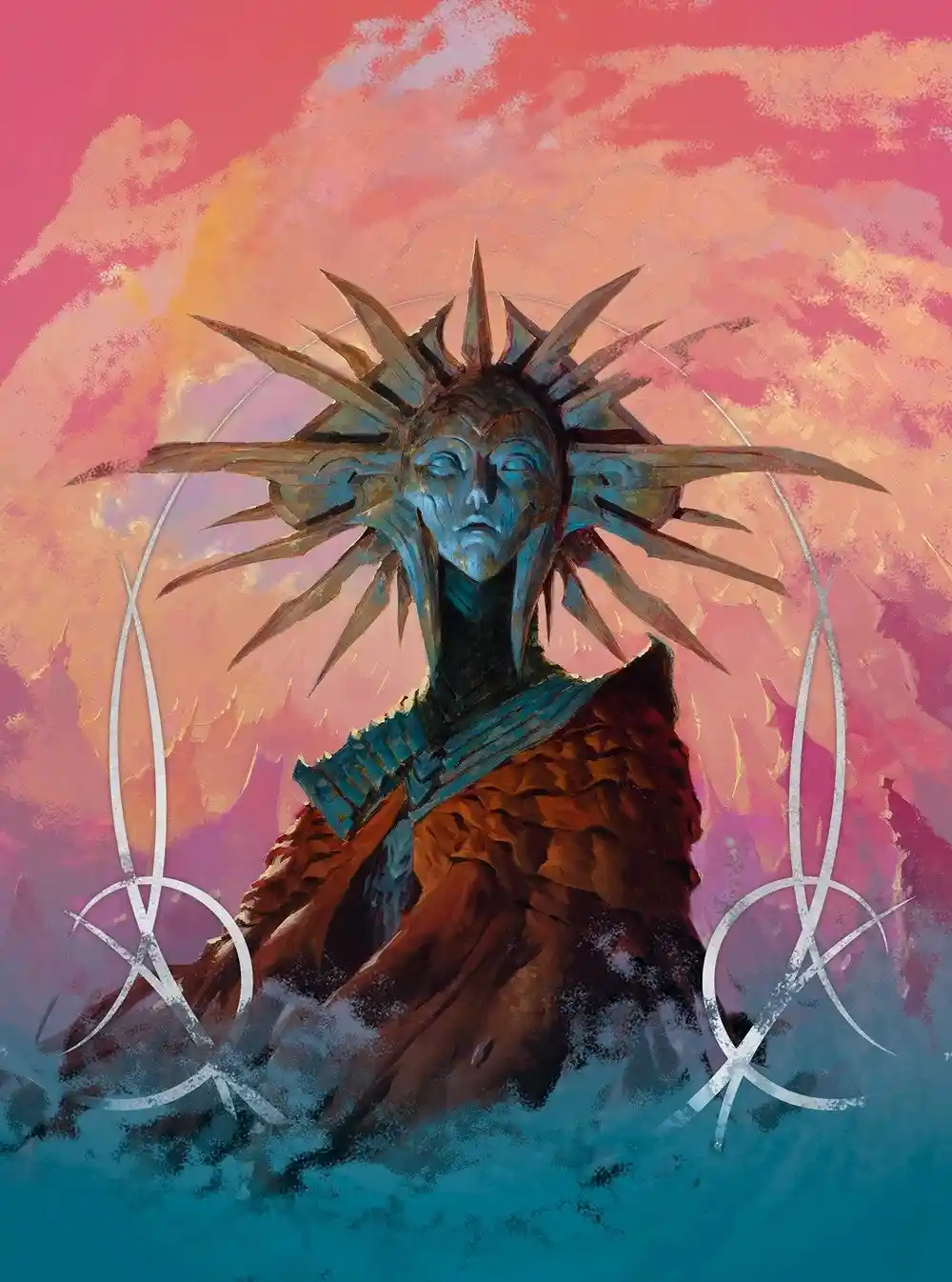 A stylized, serene-looking statue or deity with a sunburst crown and closed eyes, set against a vibrant pink and orange sky…