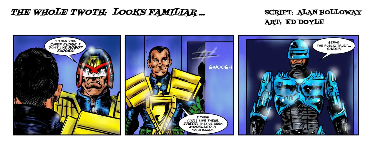 A three-panel comic strip from 'The Whole Twoth' shows a human judge rejecting robot judges, then being presented with a…
