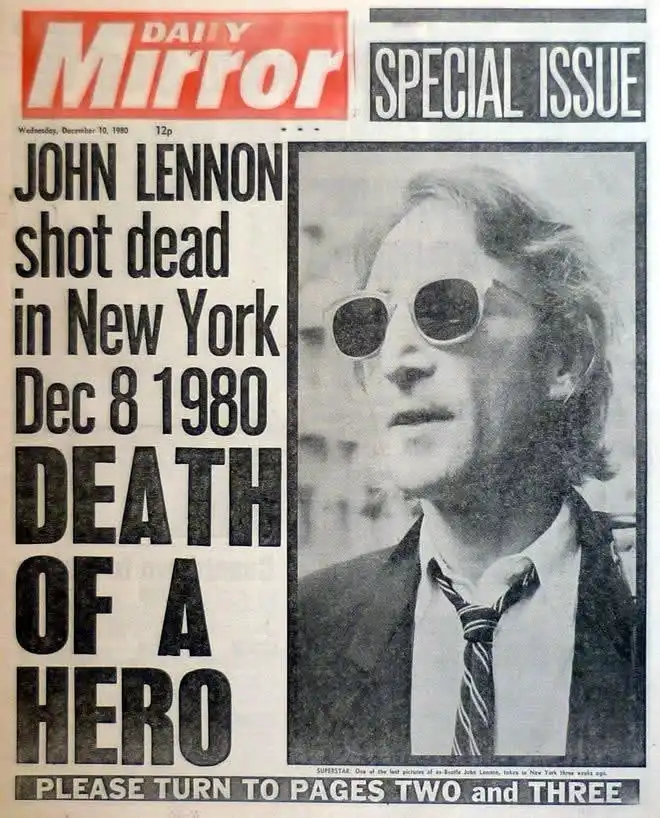 A black-and-white newspaper front page from the Daily Mirror dated December 10, 1980, announcing the death of John Lennon…