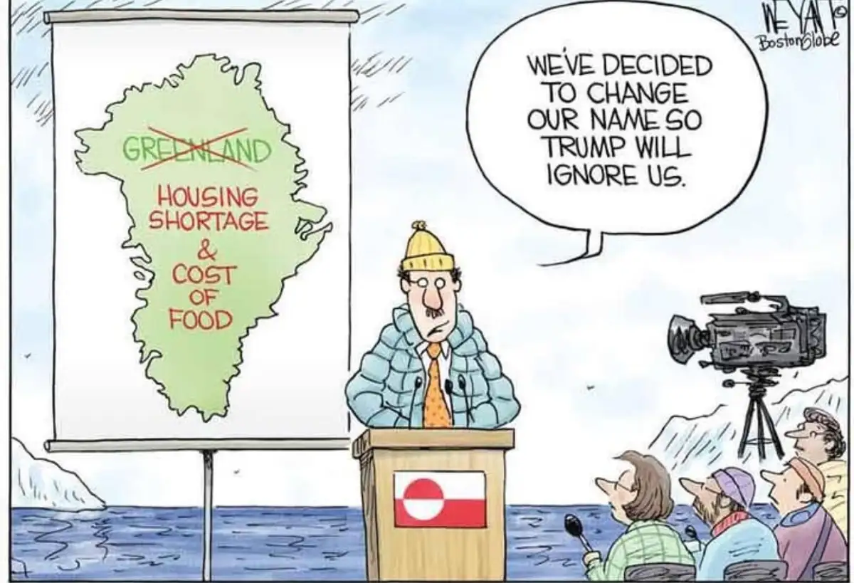A cartoon depicts a man in a winter hat and puffer jacket standing at a podium with a Danish flag, speaking to an audience…