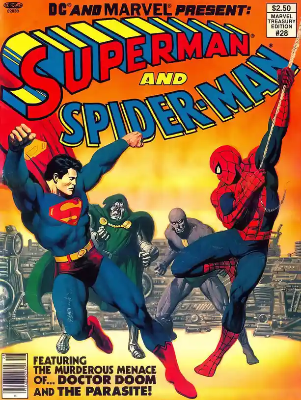 The image is a comic book cover titled 'DC AND MARVEL PRESENT: SUPERMAN AND SPIDER-MAN', showing Superman and Spider-Man in…