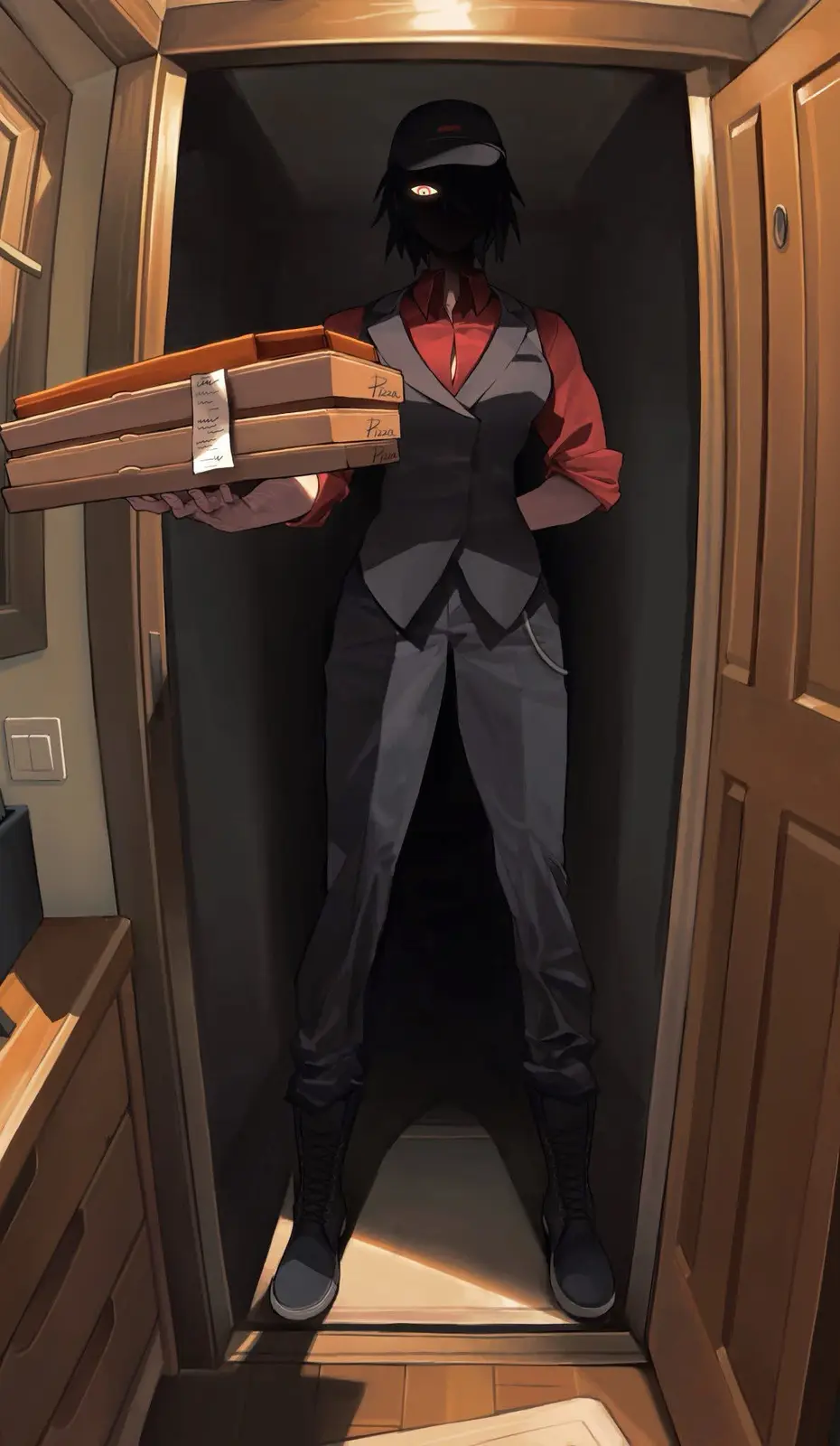 An anime-style delivery person with a single glowing red eye visible under a cap stands in a doorway holding multiple…