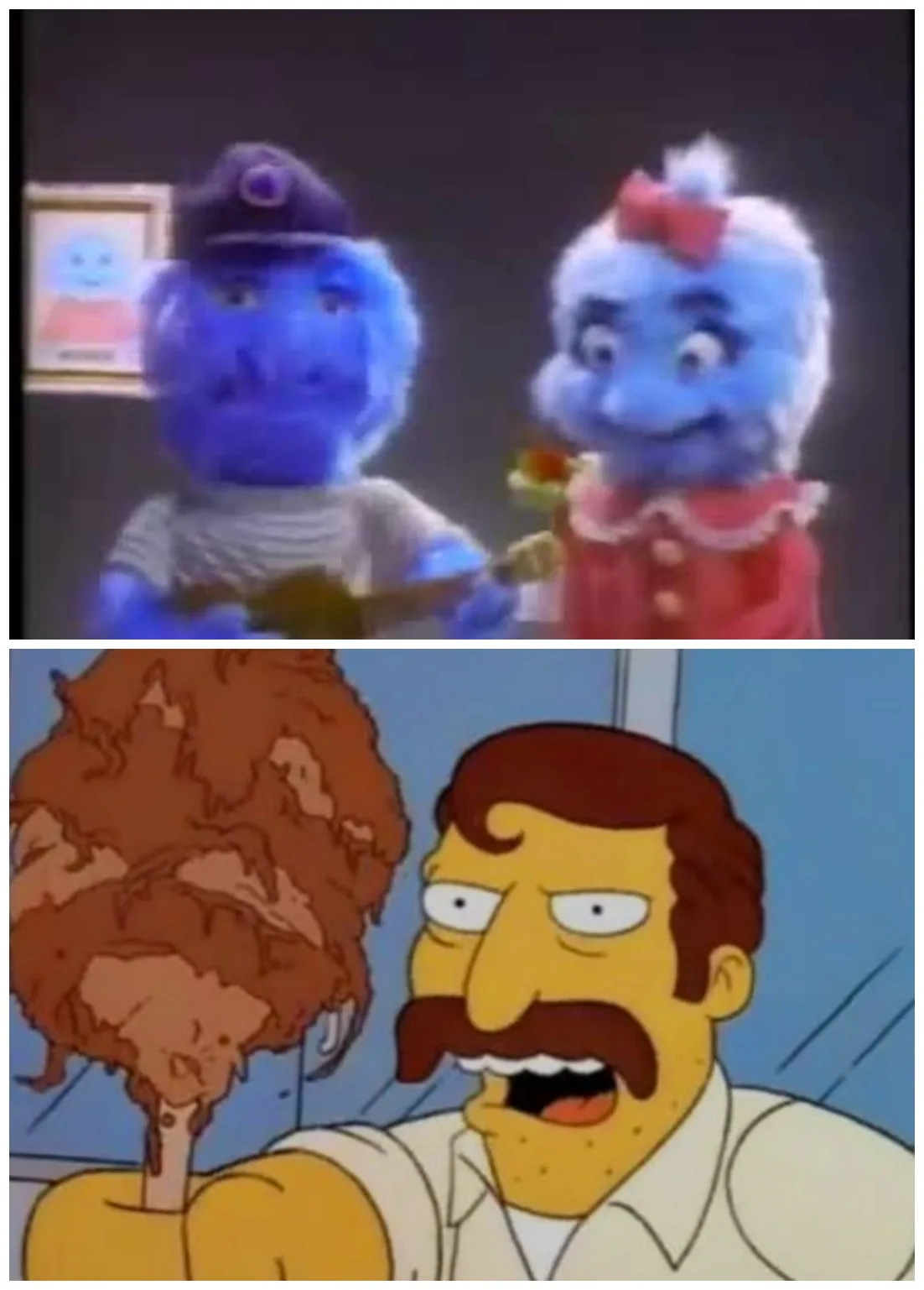 The top panel shows two blue, furry puppet characters, one male in a cap holding a rose and one female in a red dress…