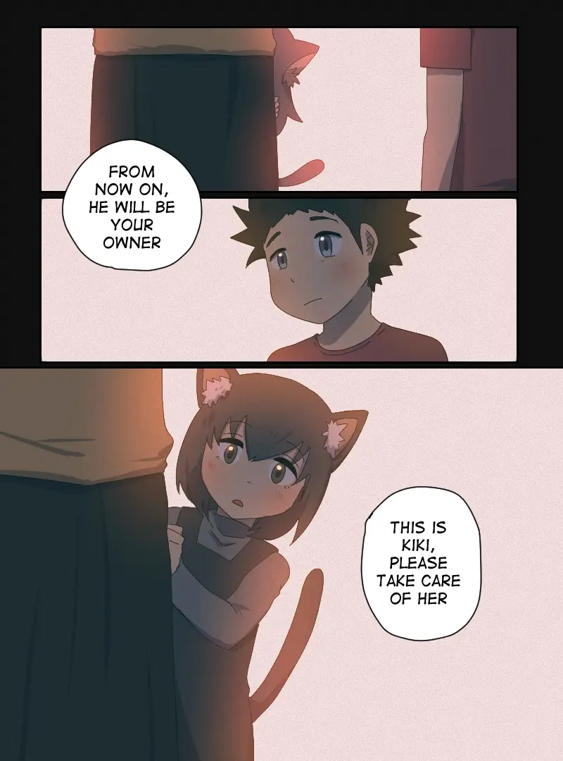 A three-panel anime comic strip shows a cat-eared girl named Kiki peeking out from behind someone's leg. An adult figure…