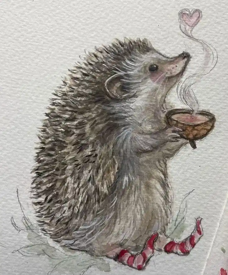 A watercolor illustration of a cute hedgehog holding a small bowl, with steam rising from it and forming a heart shape…