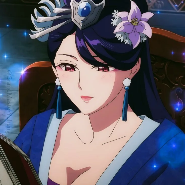 An anime-style woman with dark blue hair, red eyes, and ornate headwear sits in a chair, looking calm and composed. She…
