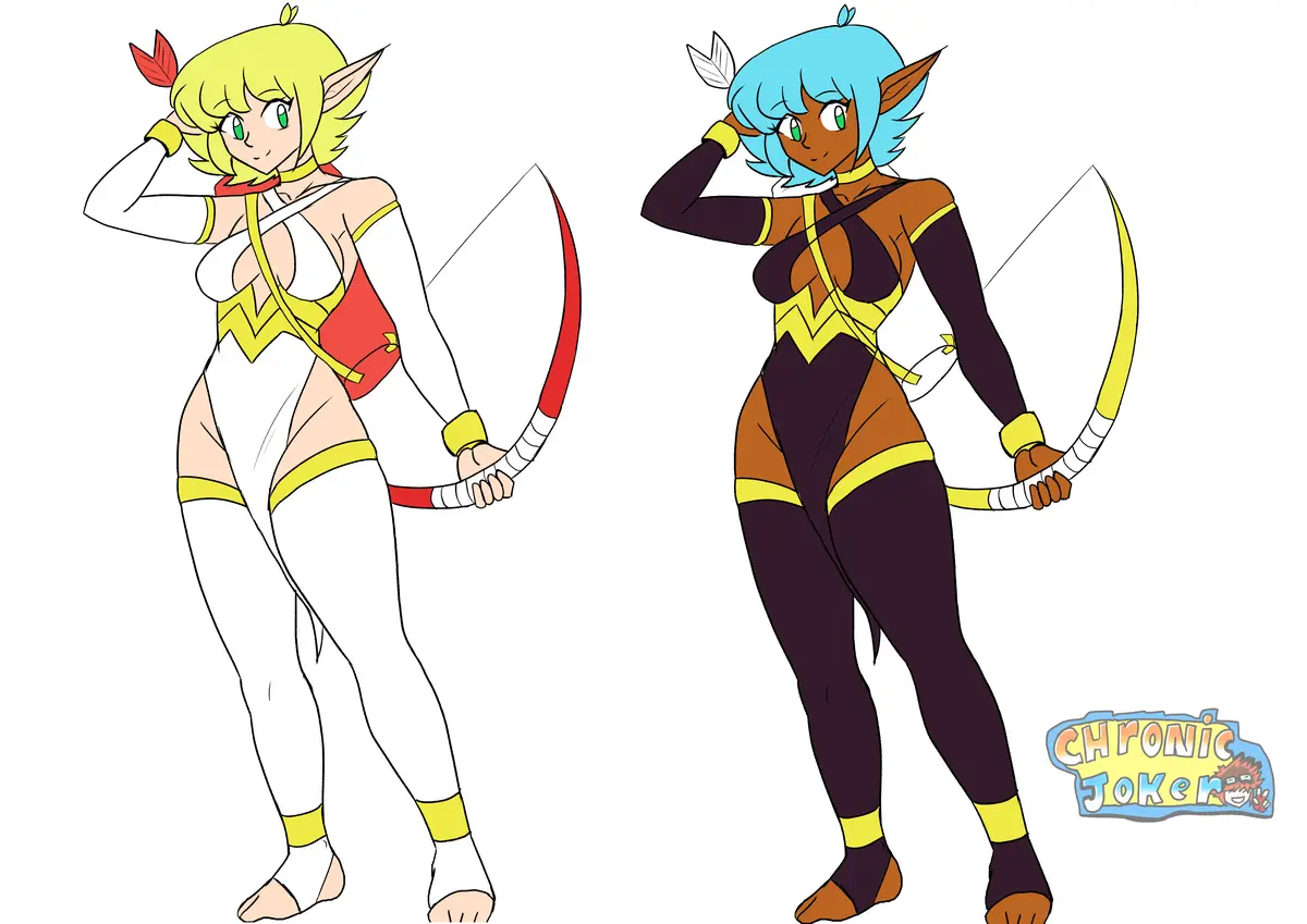 Two anime-style female characters with elf ears and tails stand side by side, each holding a large, curved bow. The…