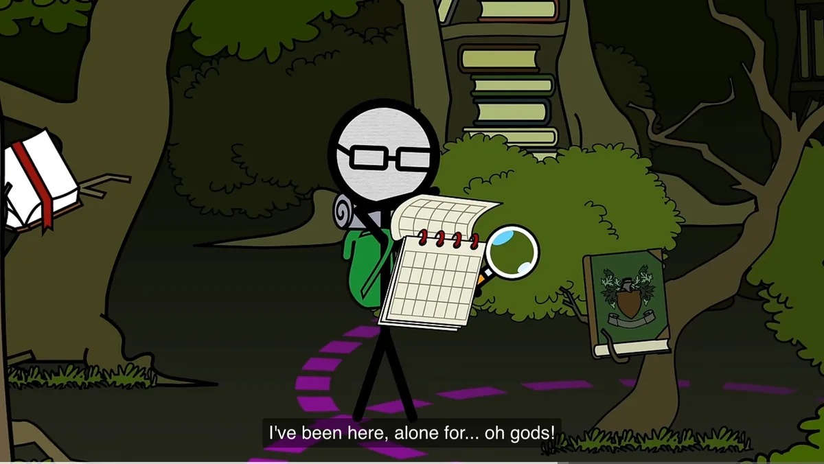A stick figure with glasses and a green backpack stands in a dark forest, holding a magnifying glass over a grid notebook…