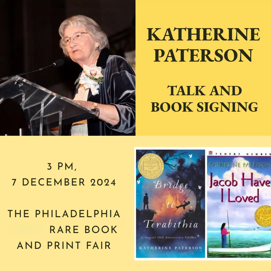 An event poster for author Katherine Paterson features a photo of her speaking at a podium, alongside text announcing a talk…