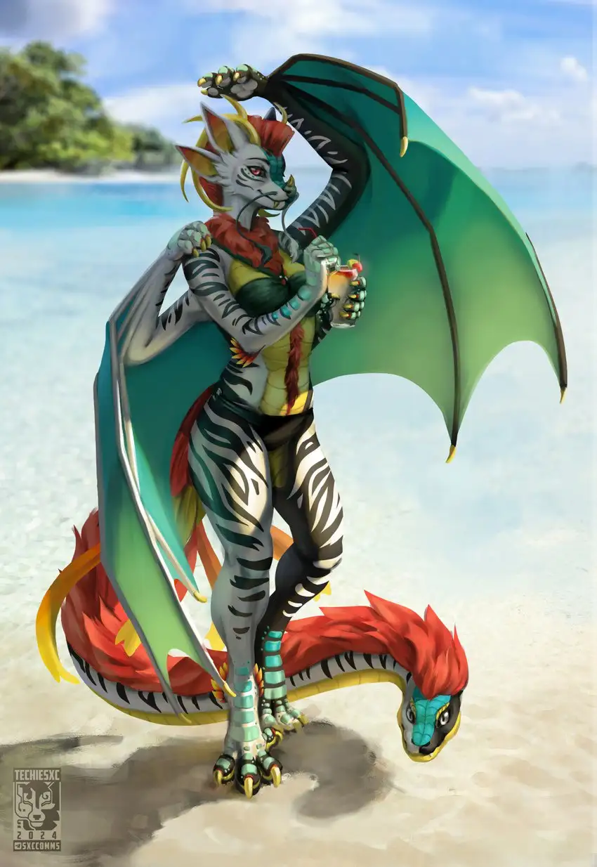 A stylized dragon-like humanoid with zebra-striped skin, green wings, and a red mane stands on a sandy beach holding a…