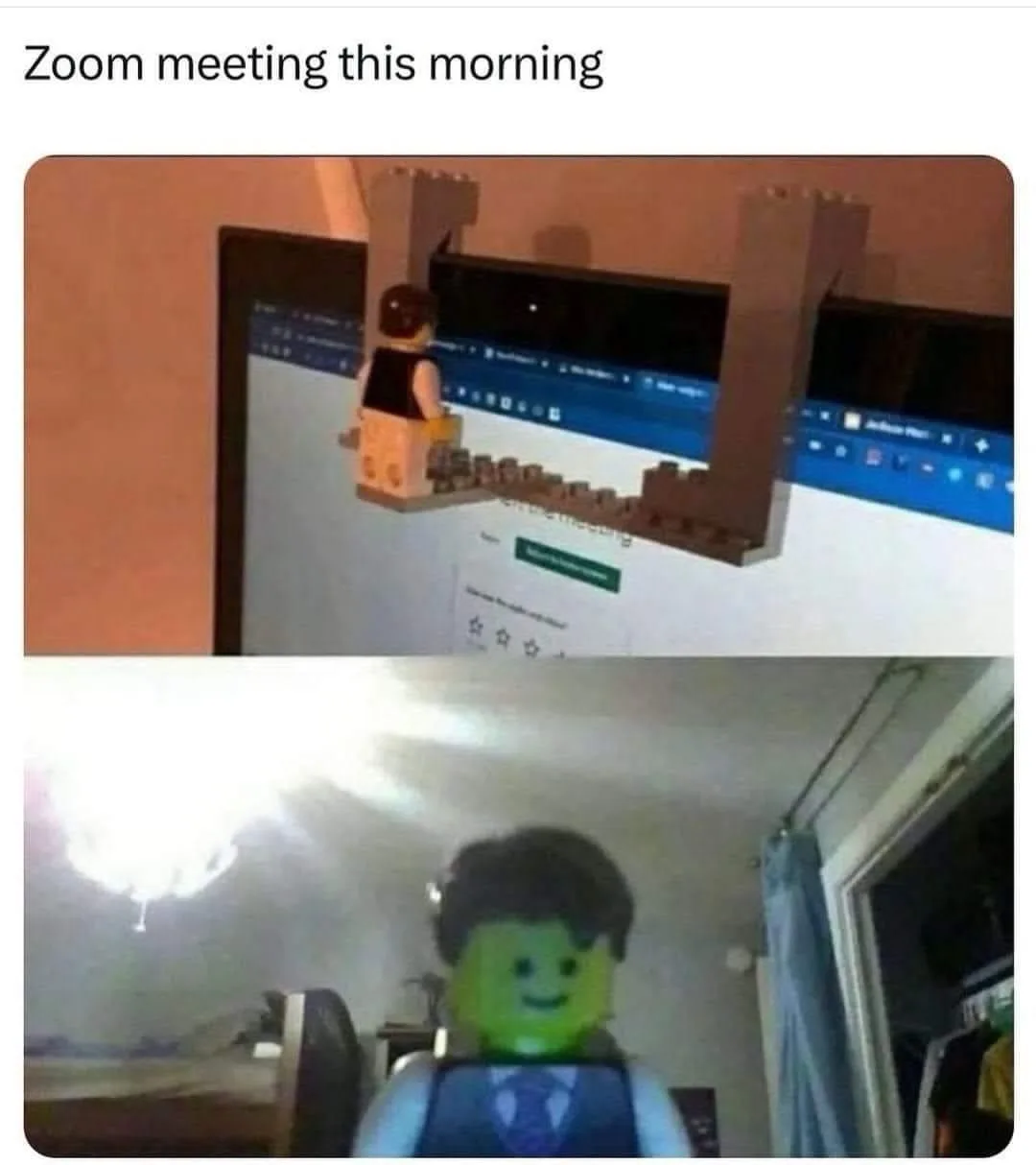 The top panel shows a lego minifigure standing on a small castle structure built on the edge of a laptop screen displaying a…