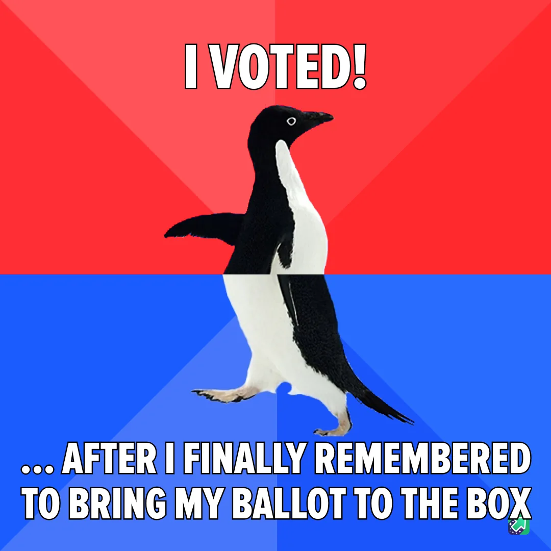 A black-and-white penguin stands against a red-and-blue background, with bold white text above reading 'I VOTED!' and below…