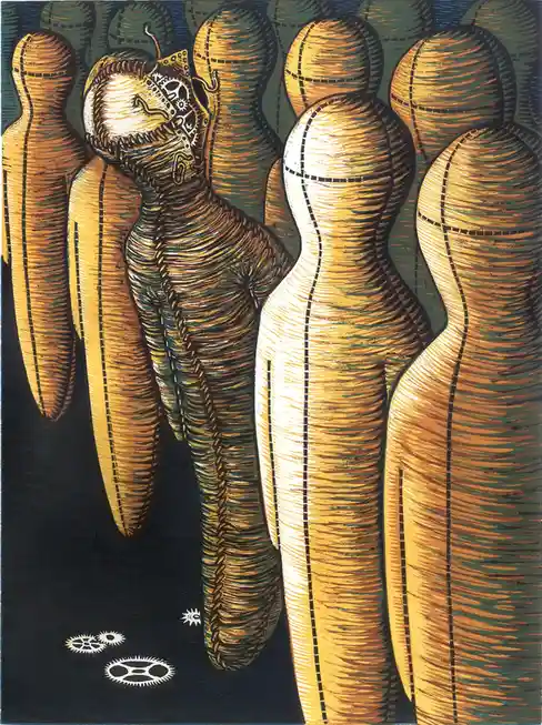 An artwork depicts a group of stylized, stitched humanoid figures in golden-brown tones. One central figure has a…