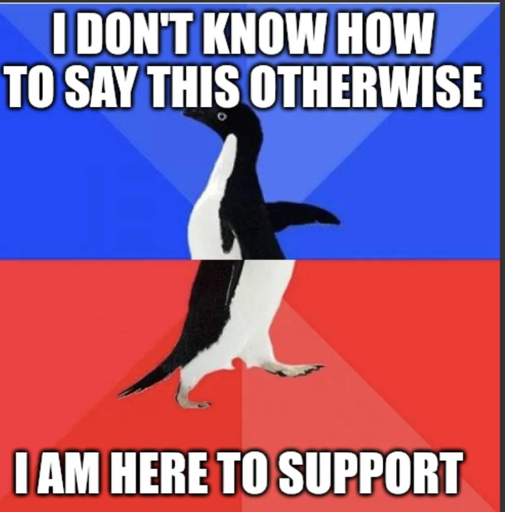 A penguin stands centered on a split background of blue and red, with bold white text at the top reading 'I DON'T KNOW HOW…