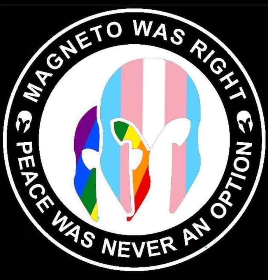 A circular black-and-white logo features two stylized Spartan helmets facing each other, one with a rainbow flag pattern and…