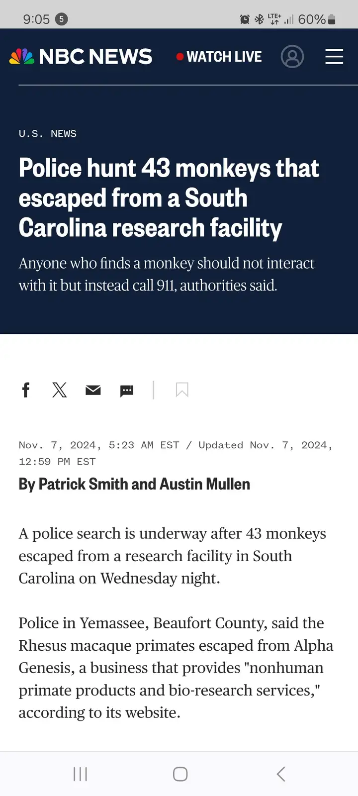 A screenshot of an NBC News article from November 7, 2024, reports that police are searching for 43 escaped monkeys from a…