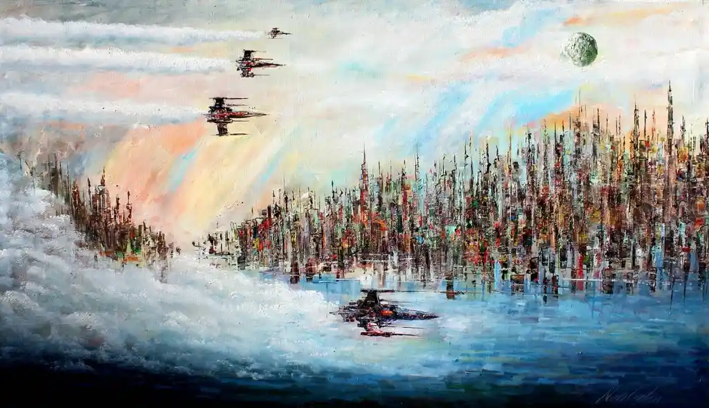 A painting depicts a futuristic cityscape with tall, spiky buildings reflected in water, with starfighters flying overhead…